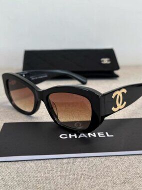 Chanel CC Logo Cat Eye Sunglasses Black Frame